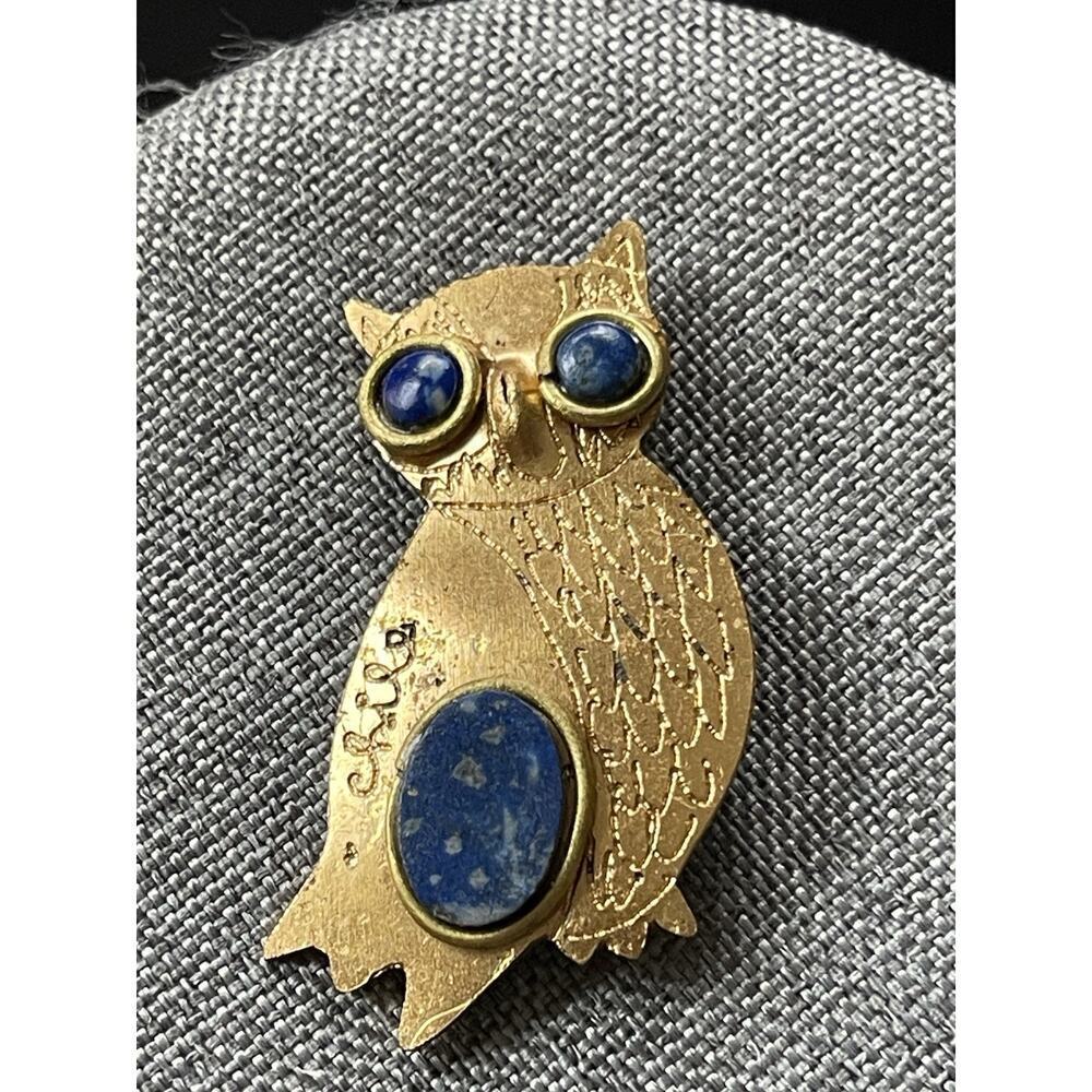 Owl Brooch Lapis Gold Tone Pin Made In Chile Hand Crafted Artisan Art To Wear
